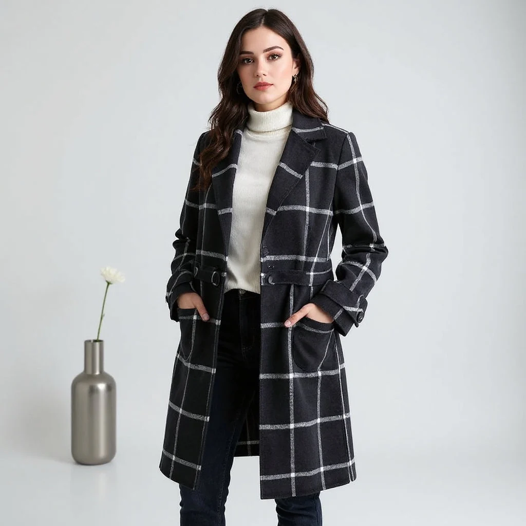 Elegante Dames Jas Ruitpatroon Wolmix Winter - Image 5