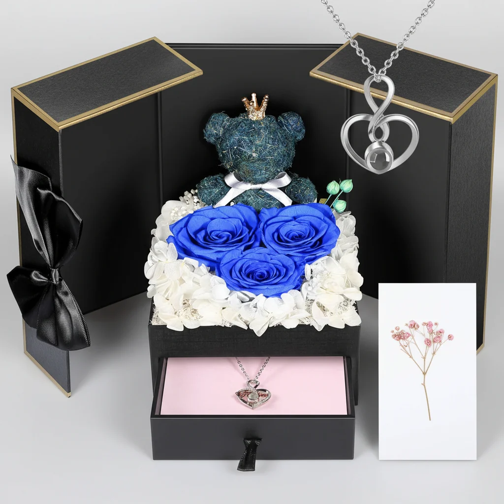 Bewaarde Rose Gift Box Handgemaakte Beer I Love You ketting - Image 3