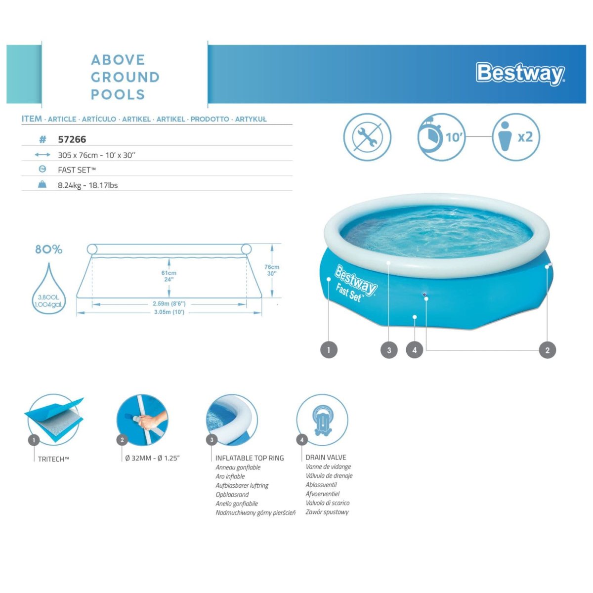 Piscina Insuflável Redonda Bestway® Fast Set™ 3,05 m x 76 cm - Image 4