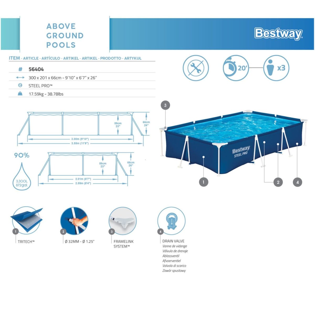 Piscina Desmontável Retangular Bestway® Steel Pro™ 3,00 m x 2,01 m x 66 cm - Image 6