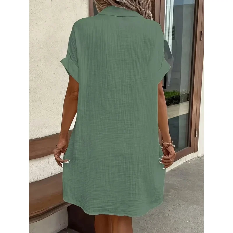 Donna Estate Abito Camicia Midi Casual Bottoni Tasche - Image 8