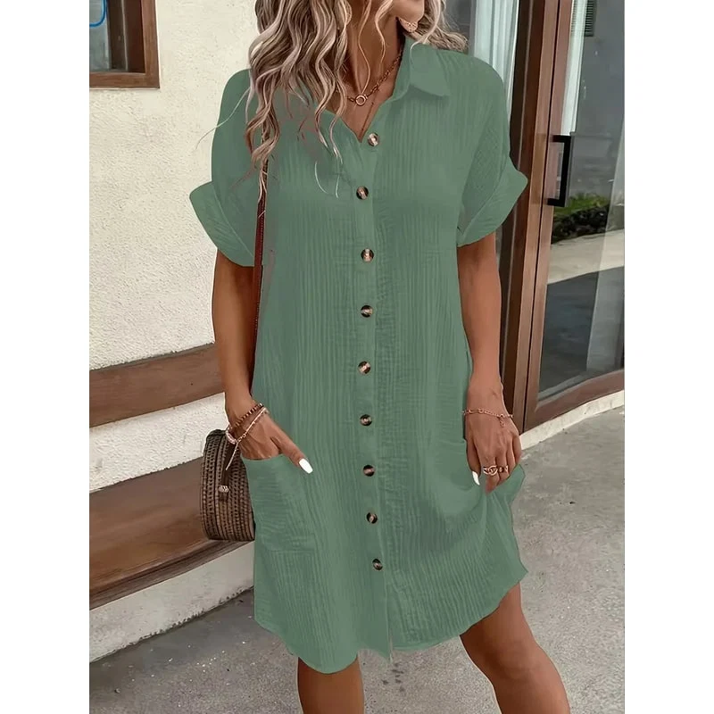 Donna Estate Abito Camicia Midi Casual Bottoni Tasche - Image 7