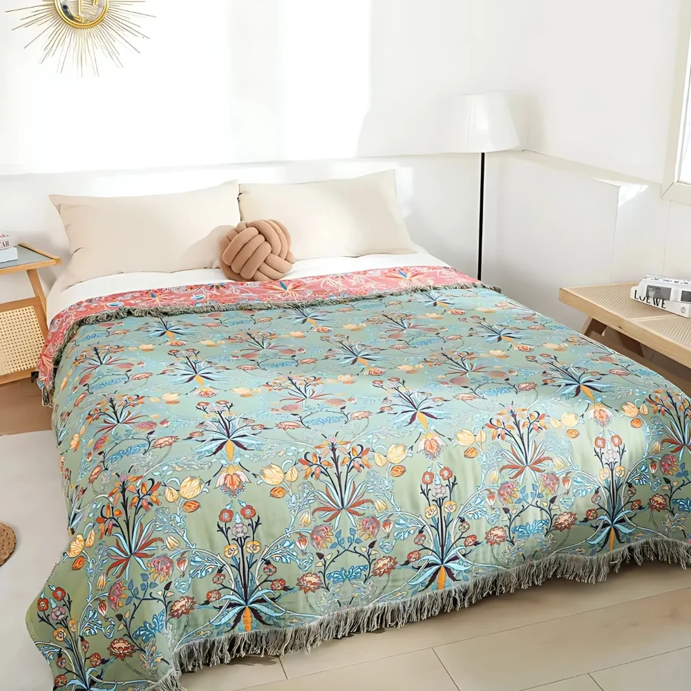 Copriletto Floreale Reversibile Frange Letto Divano - Image 2