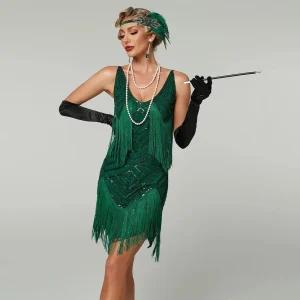 Costume Halloween Abito Flapper Frange Perline Decorative