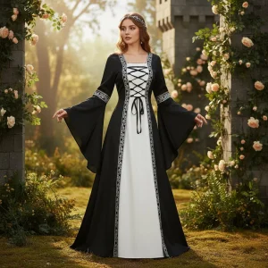 Costume Halloween Abito Medievale Maniche Lunghe Allacciatura