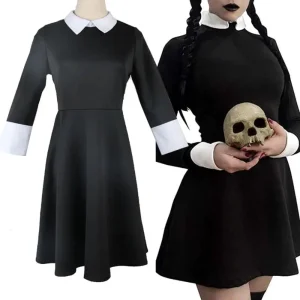 Costume Halloween Donna Vestito Gotico Colletto Bianco