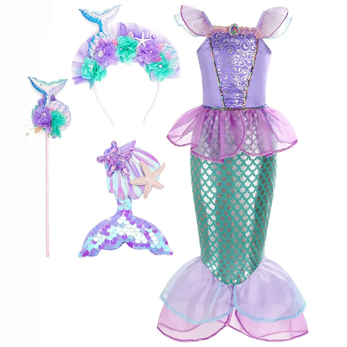 Halloween Costume Sirena Bambina Scaglie Coda Festa - Image 6